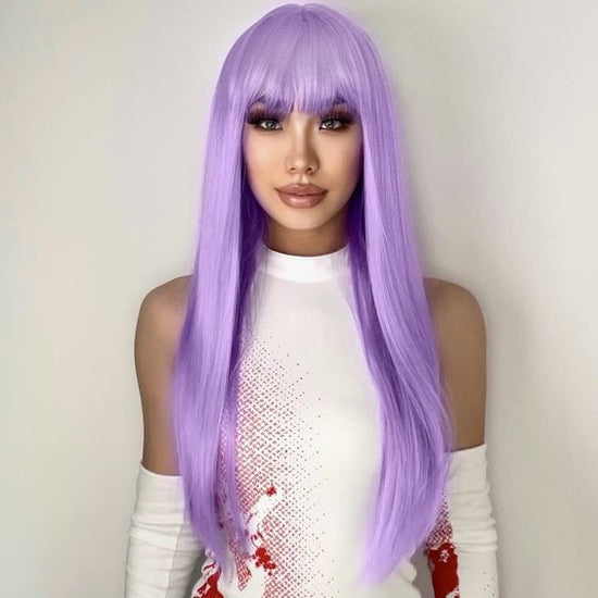 Megalook New Pop Long Straight Light Lavender Wigs With Bangs Human Hair Wigs Glueless Lace Wigs