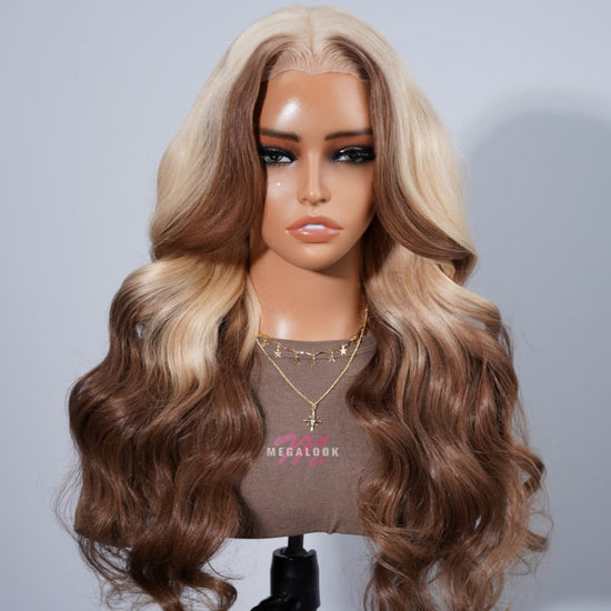 Megalook Blonde Wig With Brown Highlights Ombre Colored Wigs Loose Body Wave 6x5 HD Lace Wear Go Glueless Mini Knots Wigs