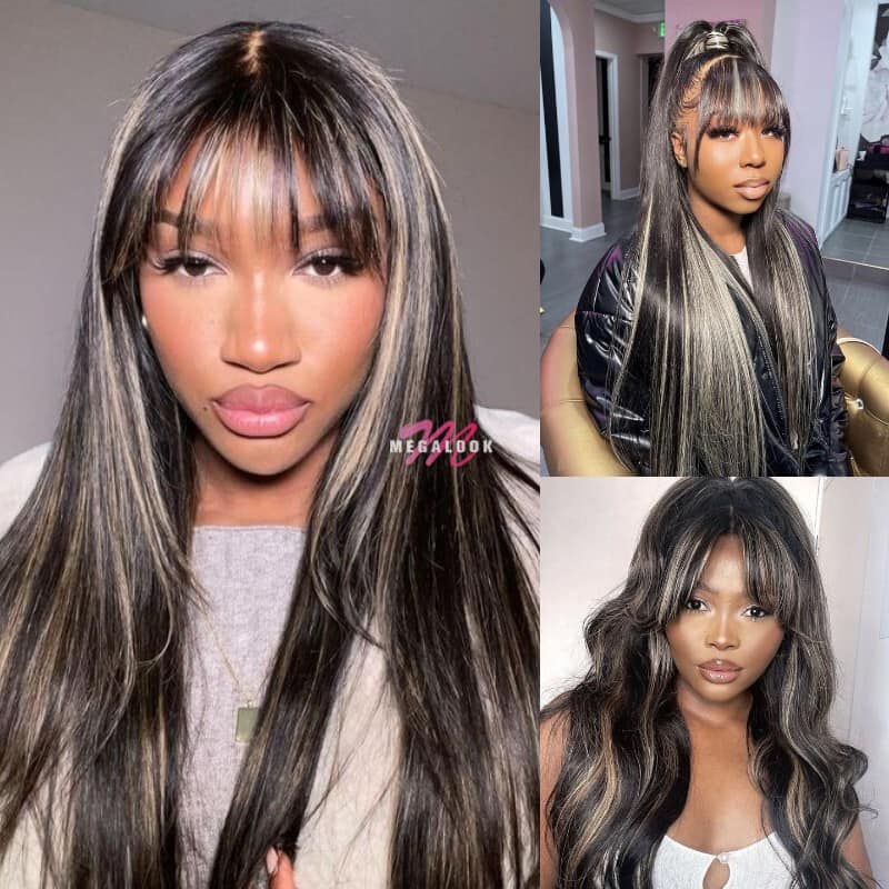 Balayage Highlights on Black Wig With Bangs Body Wave High Quality