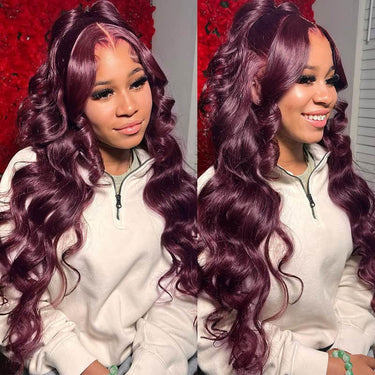 Hot&Pop Trendy Dark Purple Sugar Plum Colored 13x4 Lace Front Silky Straight/Body Wave Wig