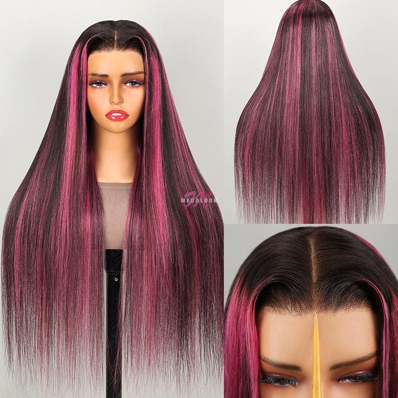 Megalook Transparent 13x4 Lace Front Wig Black Hair With Purple Highli ...