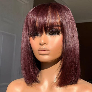 Short Bob With Bangs Wig Reddish Burgundy Colored Short Layered Cut Straight Bob Wig