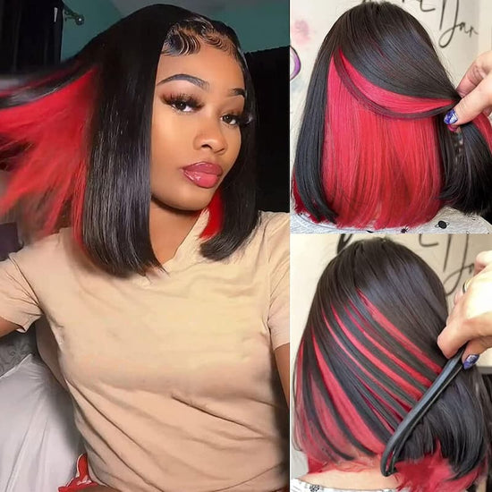 Megalook Peekaboo Highlights Red Colored Transparent 4x4 13X4 Lace Frontal Human Hair Bob Wigs