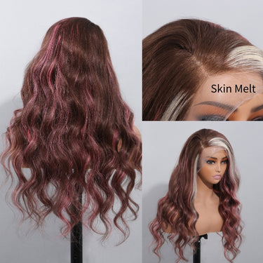 Megalook Bogo Free 22 inch Side Part Brown Hair With Barbie Pink/613 Blonde Mixed Highlights Body Wave 13x4 Lace Front Human Wigs