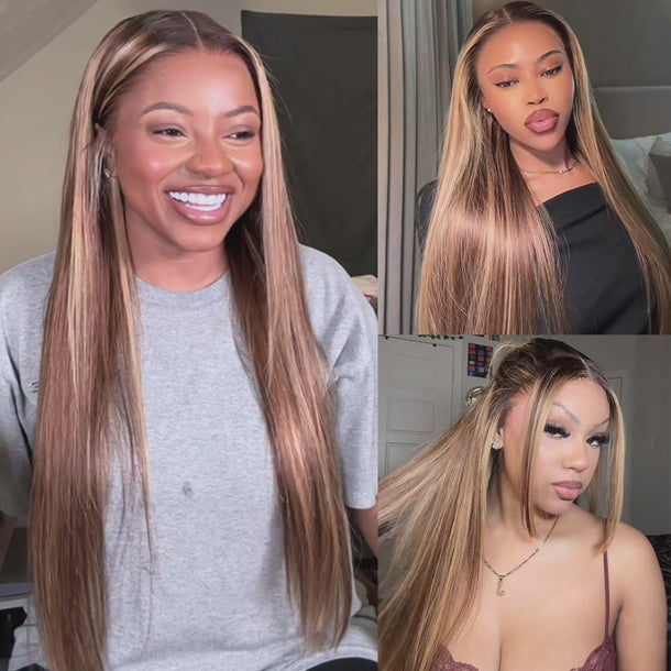 P427 Honey Blonde Highlights On Brown Glueless Wigs Video Show