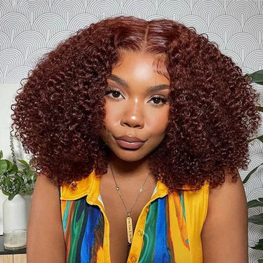 16inch Short Cut Bob Reddish Brown Afro Kinky Curly 5X6  Glueless Lace Human Hair Wigs Copper Red Colored Wigs