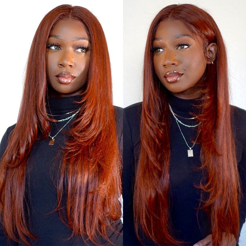 New 33 Red Brown Auburn Color Straight Human Hair Wig HD Lace 4X4