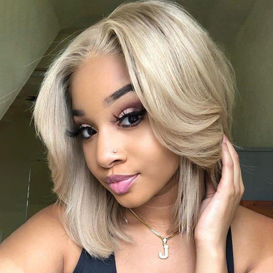 (Super Deal)Ashblonde Invisible Knots Short Bob Wig 13x4 Lace Front Wigs Blonde Wig With Brown Highlights Straight Bob