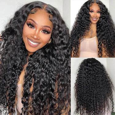 Megalook 4x4 Lace Closure Water Wave Wigs Natural Black Realistic Hairline