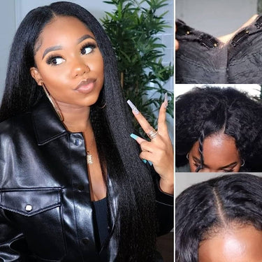 210% Density Thin V Part Wigs Glueless Kinky Straight Human Hair V Part Drawstring Wig No Leave Out