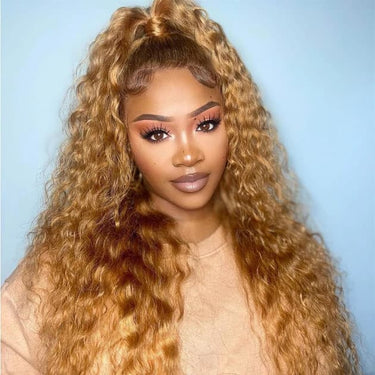 {Ship Within 12 Hours} Super Deal Honey Blonde #27 Colored Transparent 4X4 Lace Closure Human Hair Wigs Water Wave Wigs For Women