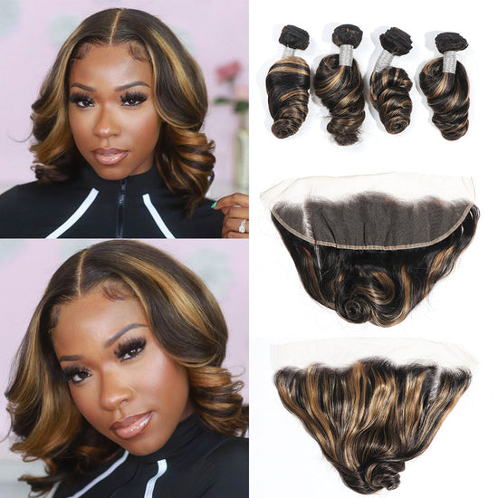 Megalook Loose Wave Highlight Balayage Colored 3/4Bundles Virgin Hair With 13x4 Lace Frontal Closure