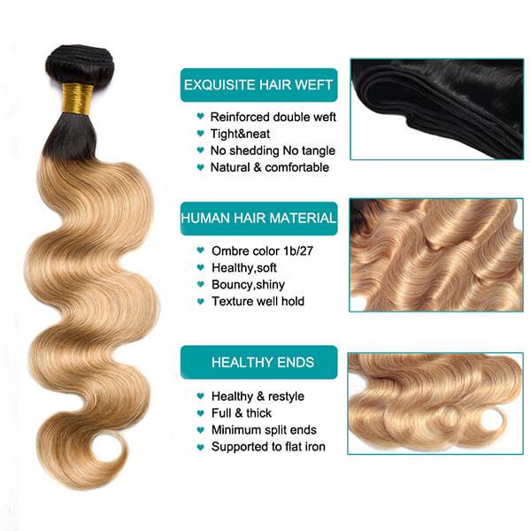 3 Bundles 1B/27 Color With Closure Ombre Straight Hair Weaves With Rem ...