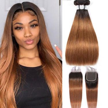 Megalook 3Bundles 1B/30 Ombre Human Hair Weaves With 5x5 Virgin Human Hair Closure