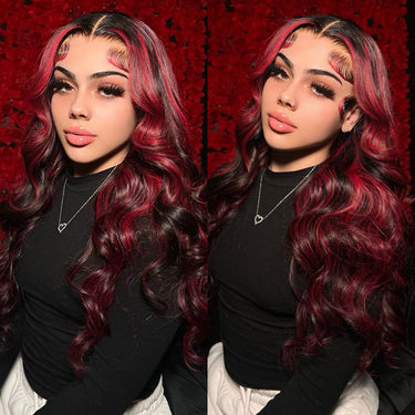 New Dark Burgundy With Rose Red Highlights 13x4 Lace Front Hand Curls Wig