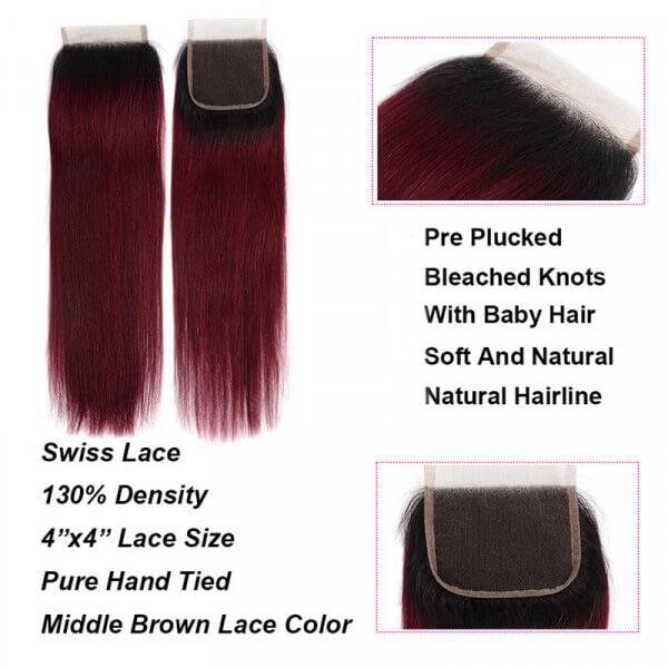 Straight Human Hair Bundles With Closure Ombre Indian Virgin Hair ...