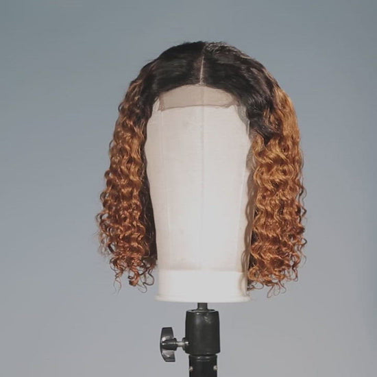 Short Cut Human Hair Wig Water Wave Bob 210% Density 1b/30 Honey Blonde 4x4 Lace Closure Wig