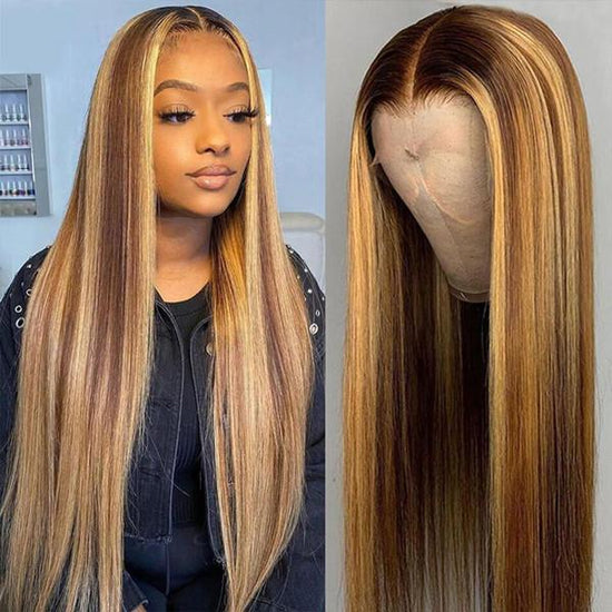 Megalook Piano Color 4/27 Wig Highlight Real Transparent 13x4 Lace Front Wig 180% Density Brazilian Straight Human Wig