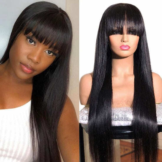 34-40inch 210% Density Long Lace frontal Wigs With Bangs Natural Color Human Hair Wigs