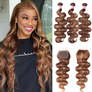 Megalook 12A Body Wave Hair Honey Blonde Piano 3 Bundles With 5x5 Transparent Lace Closure Deal Free Shipping