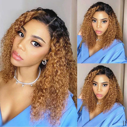 Megalook Short Water Wave Curly Bob Wigs Ombre Honey Blonde Lace Frontal Human Hair Wigs