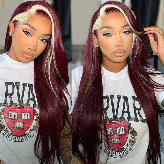 Highlight Blonde 613 & Red Wine 99j Burgundy Skunk Stripe Color 13x4 13X6 Lace Front Wig Can Be Part Anyway