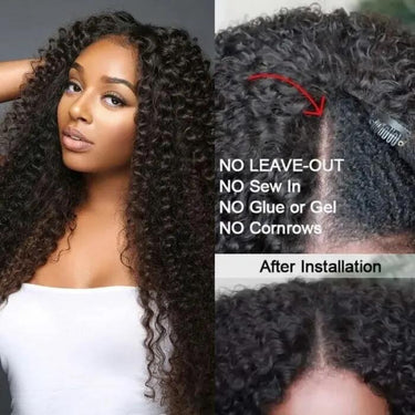 Glueless V Part Wig Free Part Thin Part Wig With Drawstring Curly Human Hair Upgrade U part Wig Without Leave out