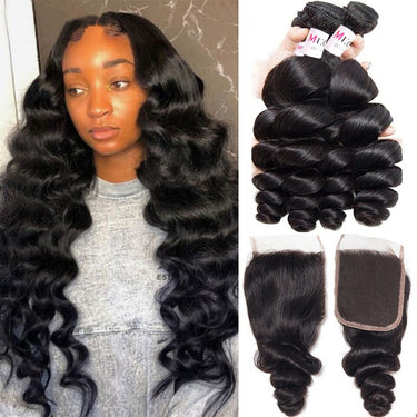 Megalook 12A Grade Human Hair Loose Wave Bundles With 5x5 Closure Brazilian Remy Human Hair 3/4Bundles With Swiss Lace Closure Natural Black