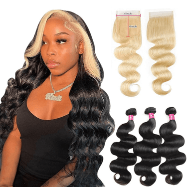 Body Wave Natural Black 12A Hair Bundles With 613 Honey Blonde 5x5 Transparent Lace Closure