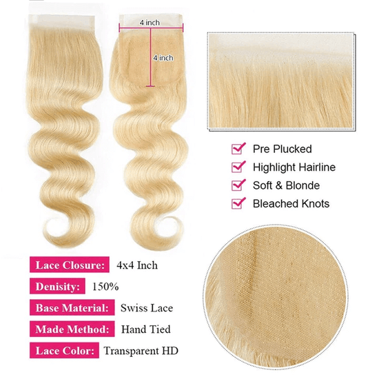 Body Wave Natural Black 12A Hair Bundles With 613 Honey Blonde 4x4 Transparent Lace Closure