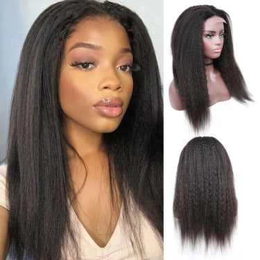 Megalook Brazilian Yaki Straight Wig Swiss Lace 180% Density 4x4 Lace Closure Wig Natural Black