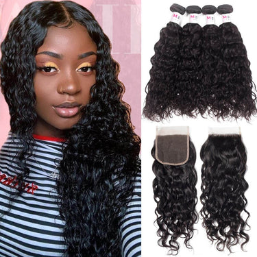 Megalook 12A Virgin Brazilian Hair Water Wave Hair 4 Bundles with 5x5 Transparent Lace Closure