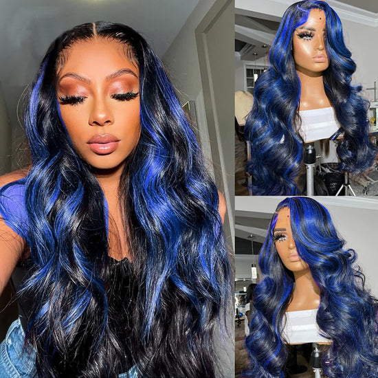 Megalook High Quality 210% Density 13x4 Body Wave Lace Front Wigs Bold Blue and Black Highlight Lace Front Wig
