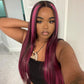 Megalook Transparent 13x4 Lace Front Wig Black Hair With Purple Highlights Straight/Body Wave Human Hair Wigs