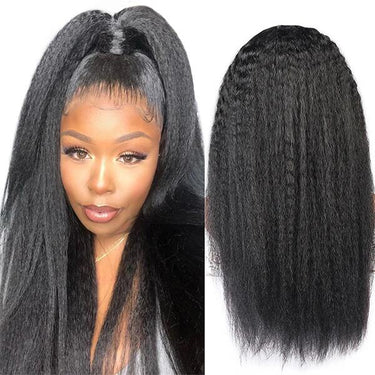 Megalook Brazilian Yaki Straight Wig Swiss Lace 180% Density 4x4 Lace Closure Wig Natural Black