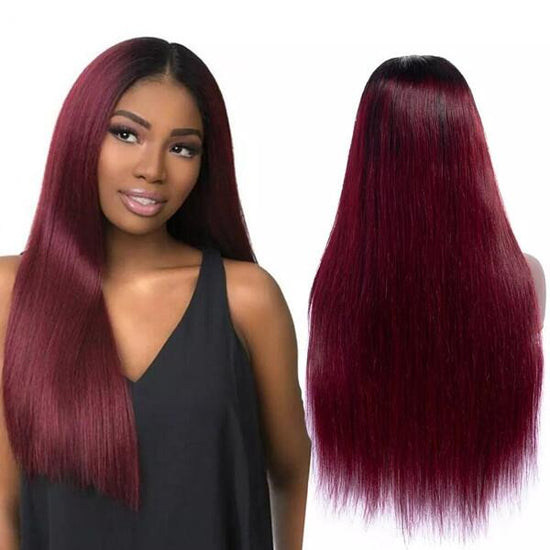 Megalook Transparent Straight/Body Wave Human Hair Wig 4x4 Lace Closure Ombre Color Burgundy 1B99J Wig 180% Density