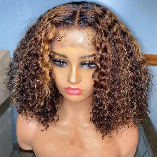 Highlight Human Hair Wigs Deep Curly Bob Ombre Honey Brown 4x4 Lace Closure Wigs