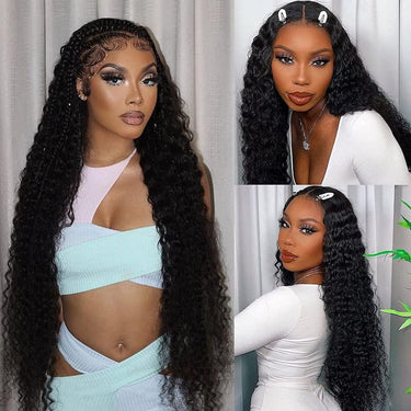 32-40 inch Long Wigs Deep/Water Wave Curly Human Hair Wig Transparent Lace Frontal Wigs