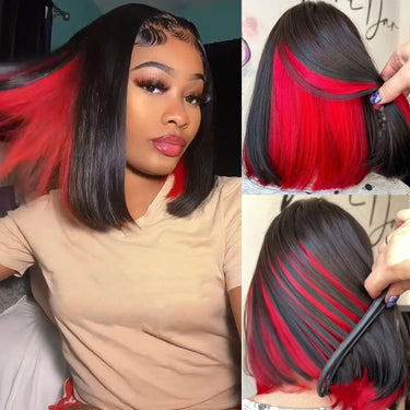 TIKTOK 12inch Peekaboo Highlights Red Colored Transparent 13X4 Lace Fronta Human Hair Bob Wigs