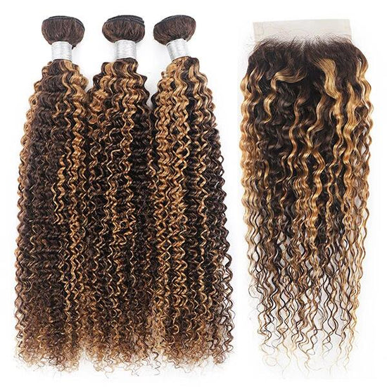 Honey Blonde Highlight Bundles With Closure Virgin Human Hair Highlight Curly Hair with 4x4 Transparent Lace Closure