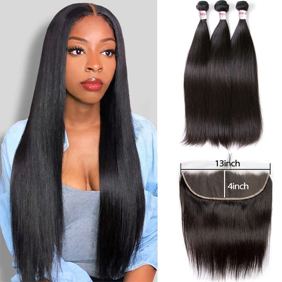 Megalook 10A Grade 3 Bundles Brazilian Straight Hair With 13*4 Ear to Ear Lace Frontal Closure