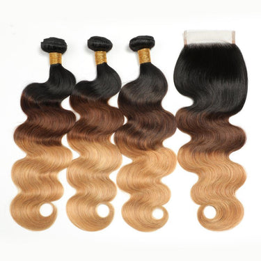 Megalook 12A Body Wave Hair Ombre 1B/4/27 3Bundles With 5x5 Free Part Lace Closure Free Shipping