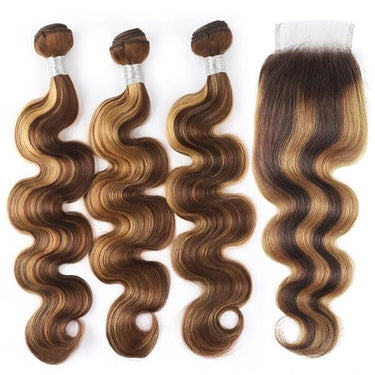 Megalook 10A Highlight P4/27 Bundles With Closure Straight 3 Bundles With Closure Brazilian Hair Weave Bundles With 5x5 Lace Closure