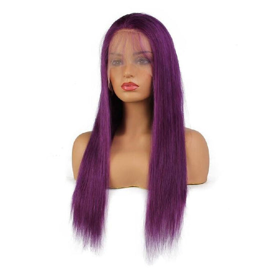 New & Pop Purple Colored 13x4 Transparent lace Front Human Hair Straight Wigs 180% Density
