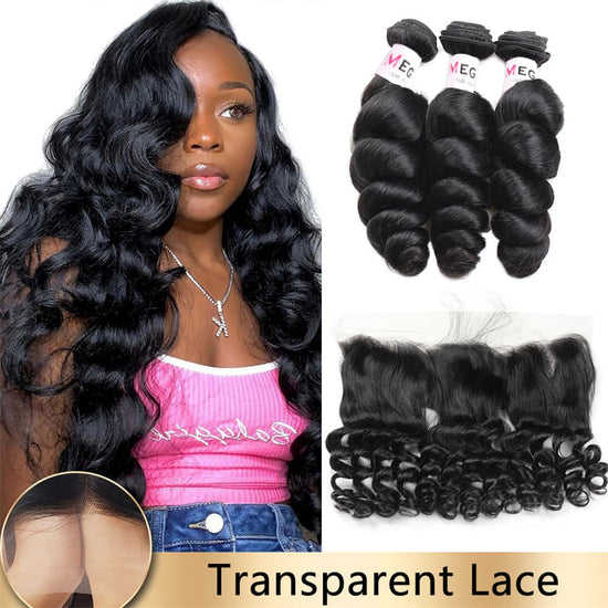 Megalook 3Bundles With 13x4 Lace Frontal Closure Loose Wave Virgin Human Hair
