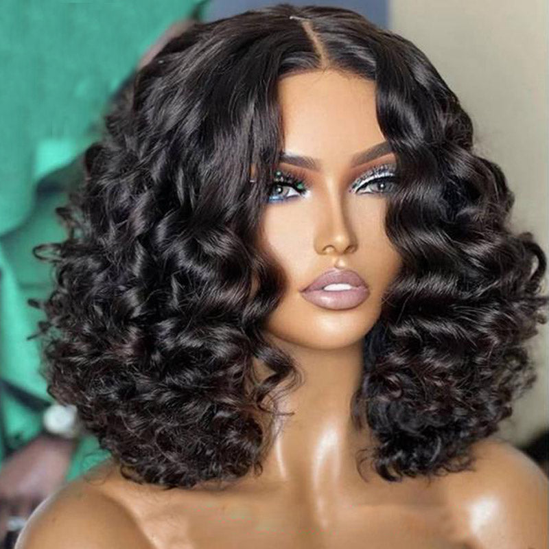 Megalook 14inch 13X6 HD Lace Blunt Cut Bob Loose Curly Closure Wig