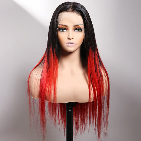 Long 22-28inch New Arrival Ombre Colored 1B Natural Roots Ombre RedColored 13x4 Transparent Lace Front Wigs