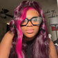 Upgrade 210% Density Purple Money Piece Wig Human Hair 99j Color Hair With Pink Streak Side Part Highlight Wigs