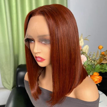 New Pop #33 Reddish Brown Short Cut 5X5 13x4 Transparent HD Lace Blunt Cut Bob Straight Closure Wigs