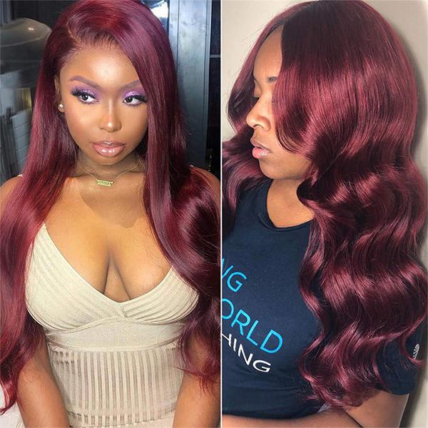 Megalook 13x4 Lace Front Wigs 99J Burgundy Human Hair For Black Women ...